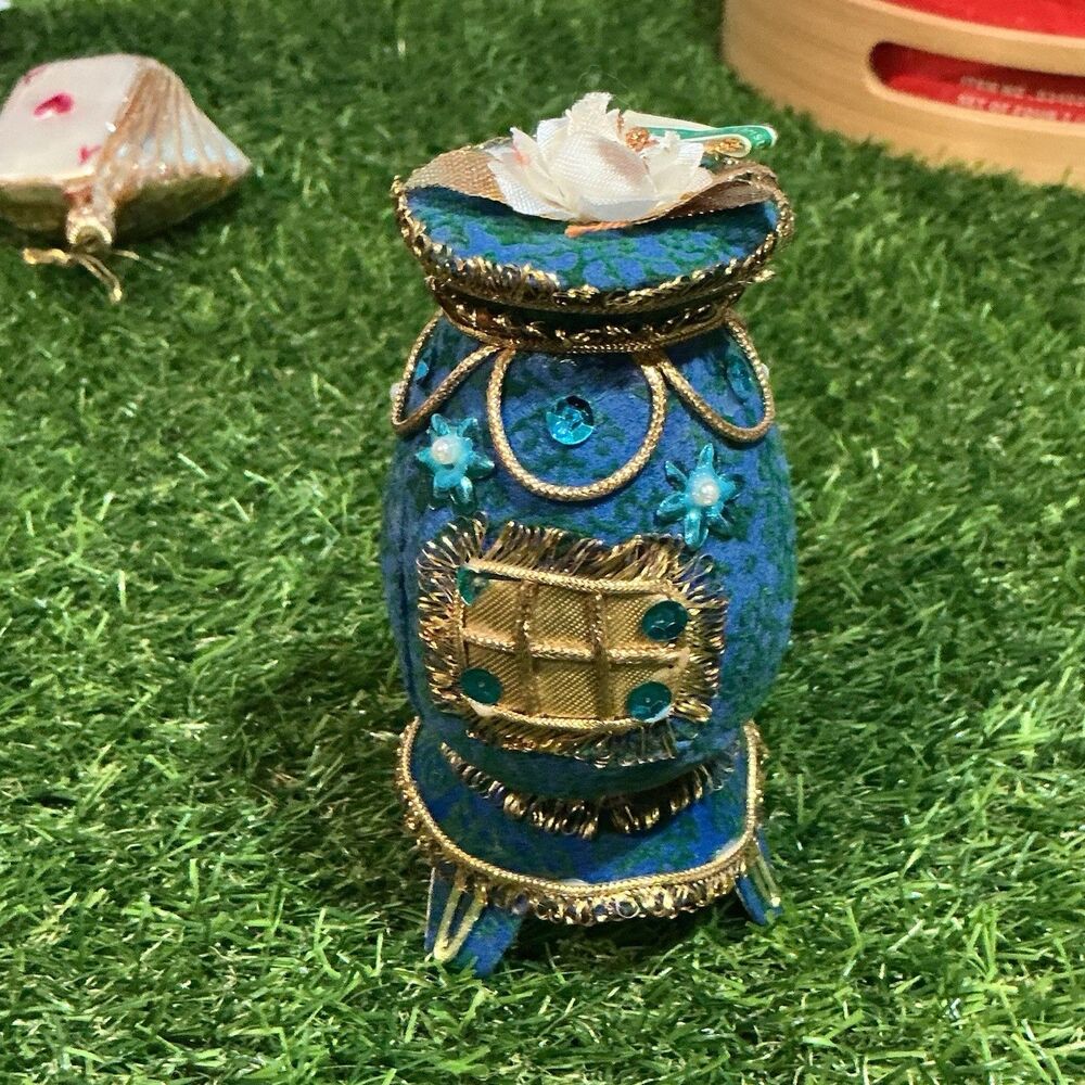 Vintage 1967 Mr Christmas Japan Blue Gold Sequin Beaded Ornament 4.5”